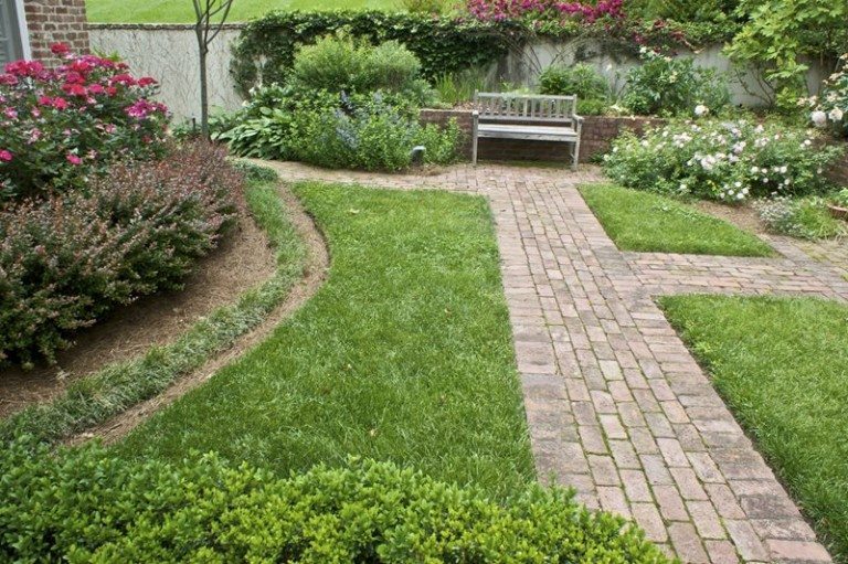 Close up of garden & brick walkways