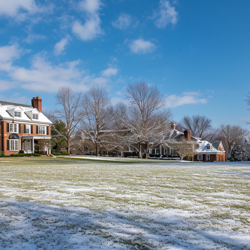 A picturesque winter scene in Nashville, showcasing a well-maintained, lush lawn with a traditional home in the background, embodying effective winter lawn care in Nashville.