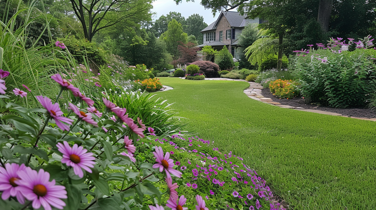 A well-manicured yard in Nashville, Tennessee, featuring lush lawn landscaping, vibrant flower beds with Purple Coneflowers and Black-eyed Susans, a stone pathway, and a classic Southern-style home in the background.