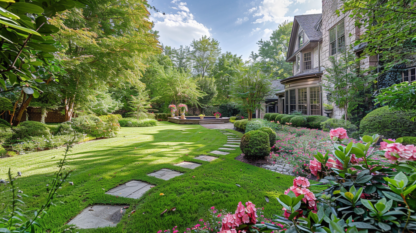 A beautiful yard in Nashville, Tennessee representing Residential Landscaping Services, featuring a lush green lawn, vibrant flowers, and a stone pathway leading to a patio.