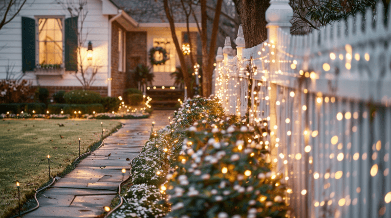 A front yard in Nashville, Tennessee, featuring holiday landscaping with evergreen shrubs, string lights, and a festive wreath.