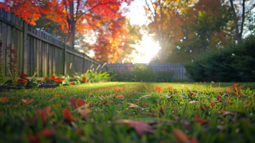 A well-maintained suburban lawn in Nashville, Tennessee, with fresh green grass, autumn leaves, and vibrant flower beds, representing an ideal fall lawn maintenance schedule.