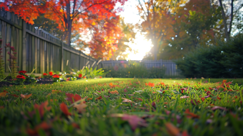 A well-maintained suburban lawn in Nashville, Tennessee, with fresh green grass, autumn leaves, and vibrant flower beds, representing an ideal fall lawn maintenance schedule.