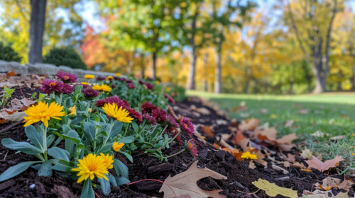 A landscaped garden bed filled with autumn flowering plants, including red and yellow chrysanthemums, purple asters, and yellow goldenrod, set against a fall backdrop in Nashville, Tennessee.