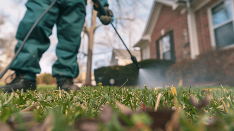 Lawn care professional applying winter weed control treatment on a residential lawn in Nashville, Tennessee.