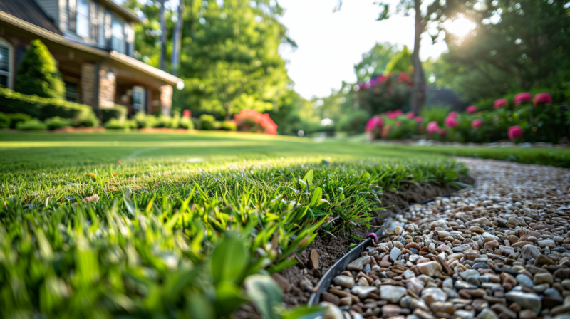 A close-up view of a well-maintained lawn in Nashville, Tennessee, with a Nashville-style home in the background. Professional grass cutting services in Nashville.