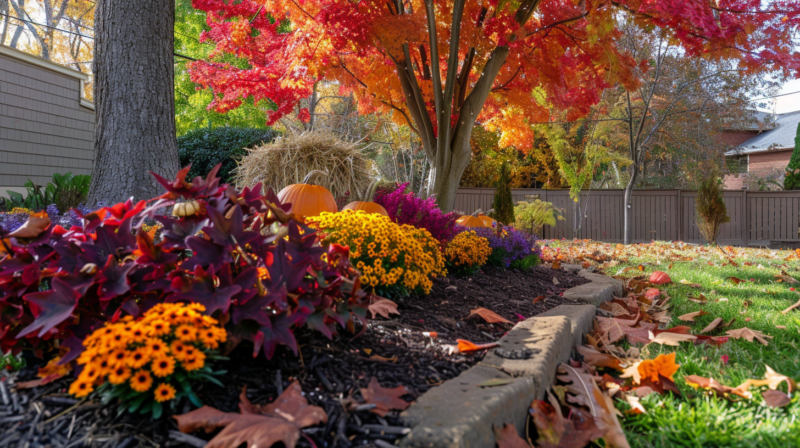 A Nashville backyard with autumn landscaping, featuring chrysanthemums, asters, pumpkins, and freshly mulched garden beds under a maple tree with red leaves.