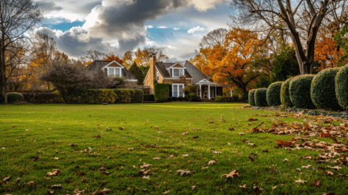 A neatly mowed lawn in Nashville, Tennessee, prepared for winter with trimmed shrubs and leaf removal.