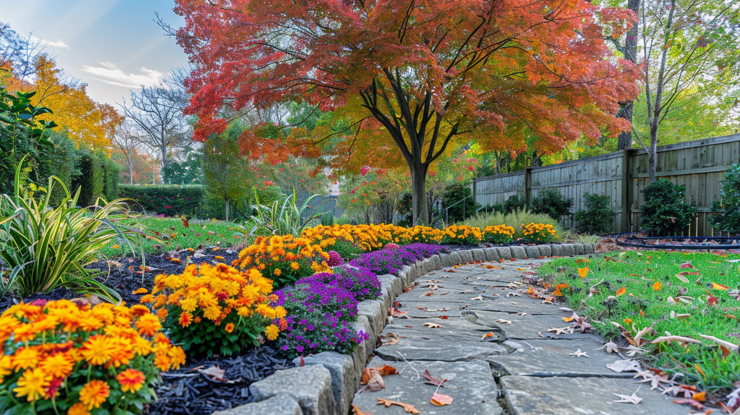 A Nashville garden in fall with colorful chrysanthemums, pansies, a stone pathway, a mulched maple tree, and vibrant foliage.