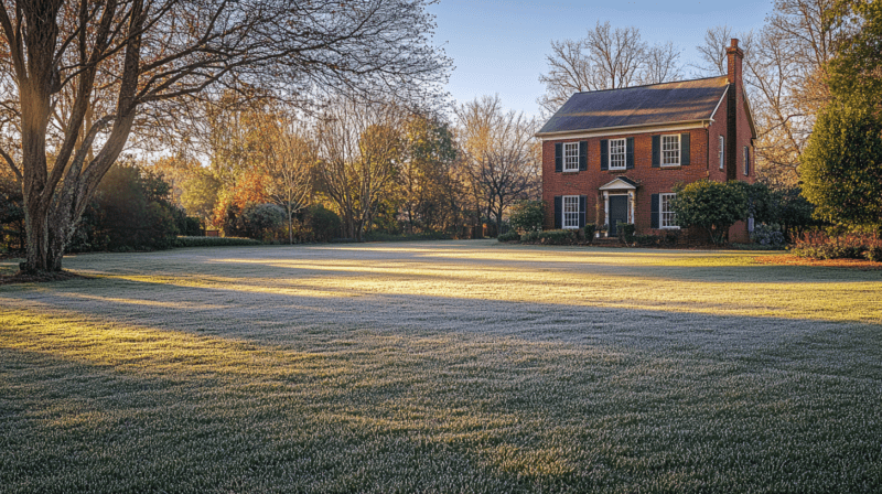 A suburban lawn in Nashville, Tennessee, lightly covered in frost, with a red-brick house in the background.