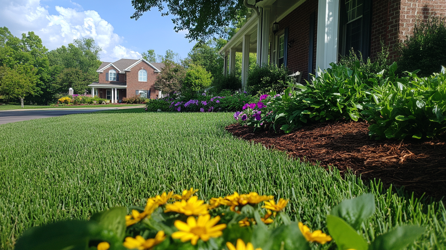 A well-maintained lawn business in Nashville, with a brick house in the background.