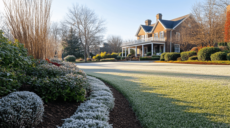 Frosted lawn in Nashville with mulched flower beds and a brick home in the background