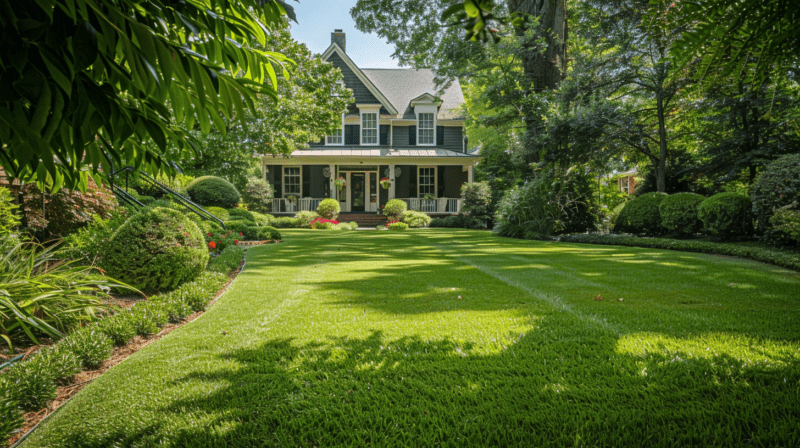 A residential lawn in Nashville maintained by a lawn care specialist, featuring lush grass and well-kept plants.