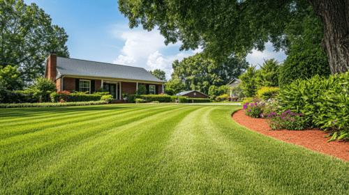 Freshly mowed lawn in a Nashville neighborhood, featuring fescue grass, native Tennessee flowers, and a traditional brick house, showcasing the results of a weekly lawn mowing service.