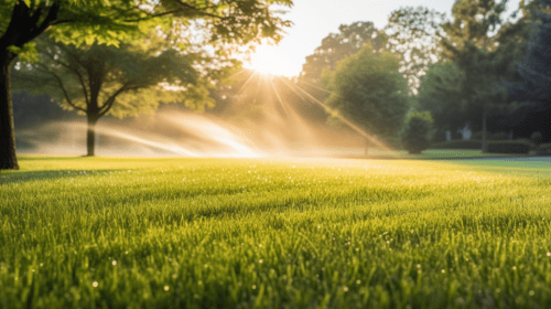 Early morning lawn watering with dewdrops on vibrant green grass and a modern sprinkler system in action.